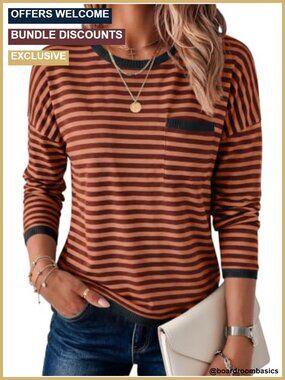 Oversized Striped Crewneck Sweater with Chest Pocket Casual Knit Pullover